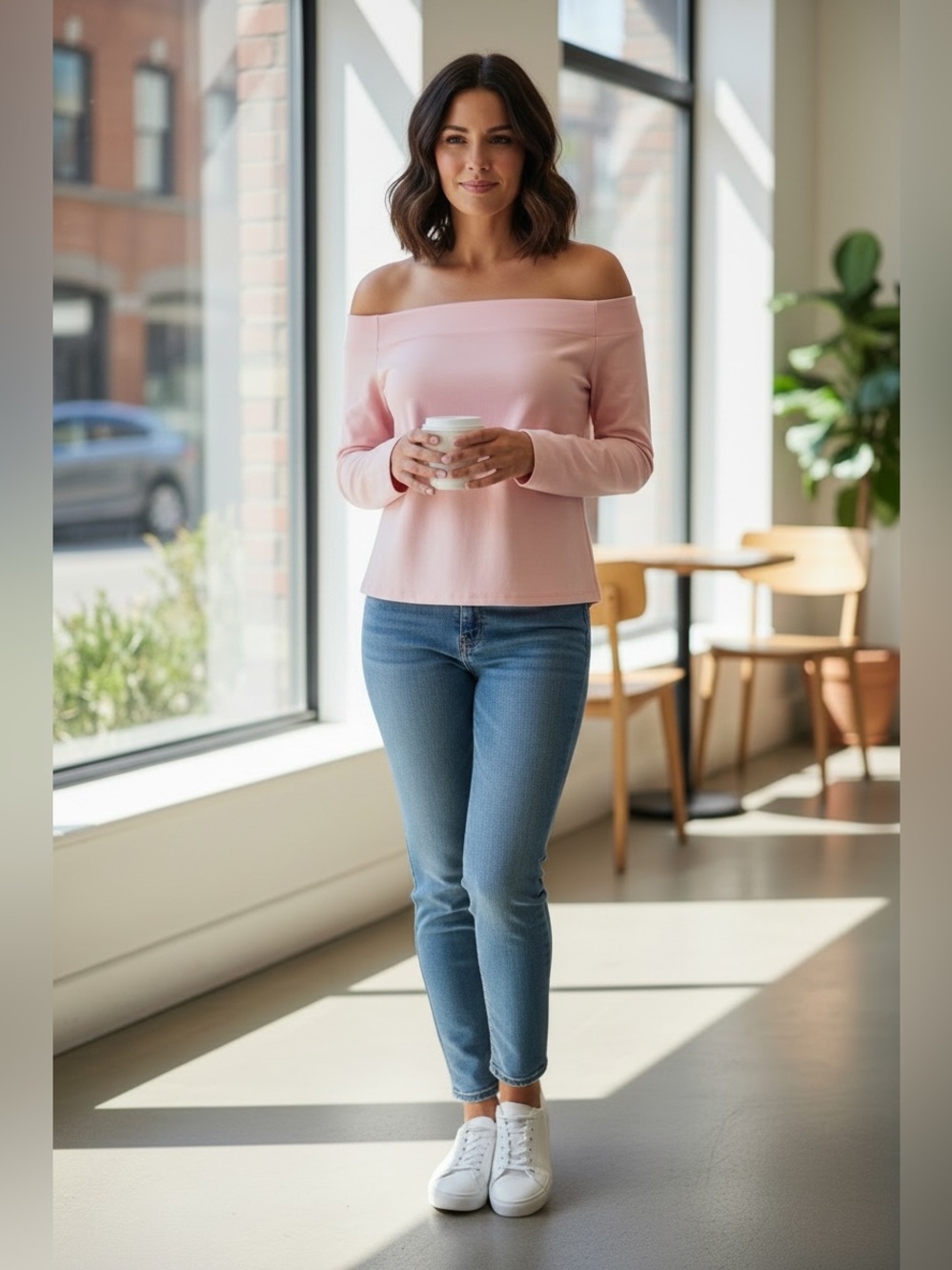 Tuckernuck Pink Off-the-Shoulder Square Neck Long Sleeve Top